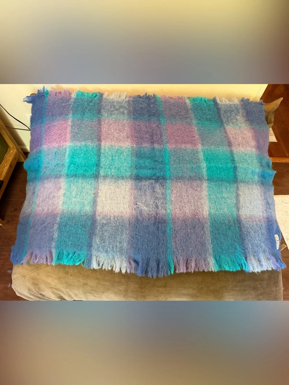 AVOCA (Ireland)Soft Plaid Mohair/wool Throw Blanket in Teal & Lavender
